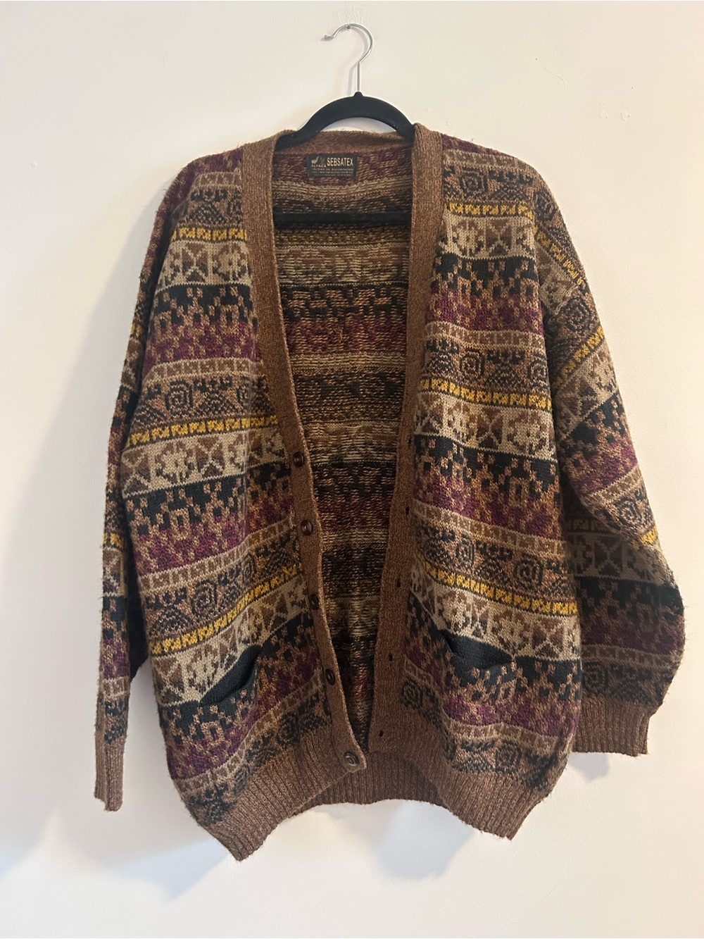 Men's Alpaca Wool Brown Patterned Button-Front Crewneck Cardigan Sweater